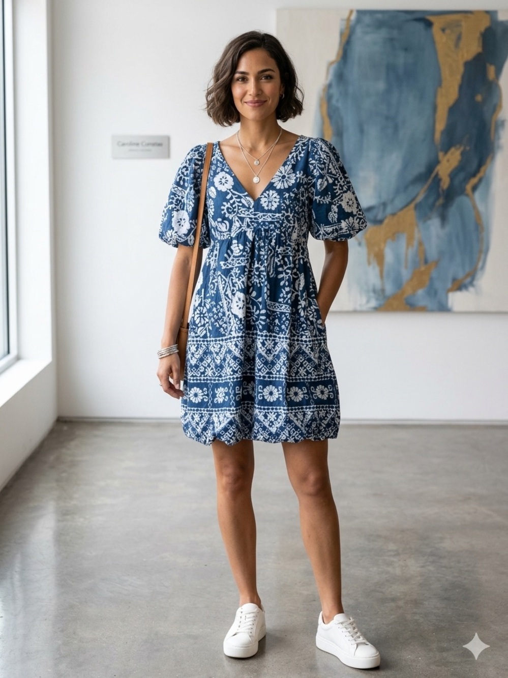 NWOT Caroline Constas Blue White Babydoll Puff Sleeve V-Neck Cotton Dress Sz L